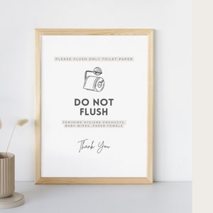 Puede incluir: Un cartel blanco con borde negro y marco de madera. El cartel dice "Por favor, tire solo papel higi&eacute;nico. No tire productos de higiene femenina, toallitas para beb&eacute;s, toallas de papel. Gracias." Hay una ilustraci&oacute;n en blanco y negro de un rollo de papel higi&eacute;nico en el cartel.