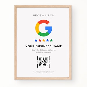 Google レビュー サイン、レビュー カード テンプレート、レビューを残す、QR コード サイン、編集可能な Canva レビュー カード、自宅で印刷できる Google 名刺