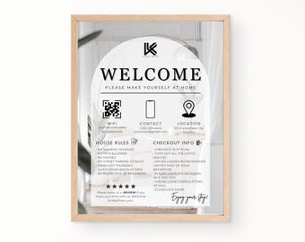 May include: A welcome sign with a modern design featuring a white background with black text. The sign includes information about WiFi, contact, location, house rules, and checkout information. The sign also includes a QR code, a phone number, an email address, and a star rating.