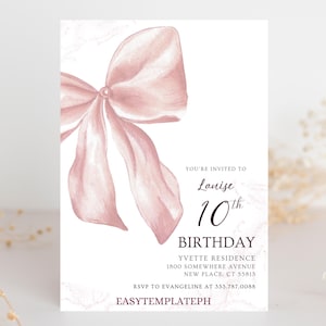 Pink Coquette Bow Einladung Pink Bow 10. Geburtstags-Einladung 1. Geburtstag Mädchen Bogen einladen Mädchen ersten Geburtstag Vorlage Printable EDITIERBAR