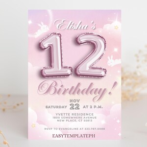 Invitaciones para el 12.° cumpleaños, plantilla de invitación para el cumpleaños en oro rosa, tarjeta para el 12.° cumpleaños, invitación digital para la cena de cumpleaños para niña, cena de cumpleaños