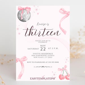 Birthday Invitation Coquette, Coquette 13th Birthday Invitation, Bow Invitations, Pink Girls Birthday Party, 13th Birthday Dinner Invitation