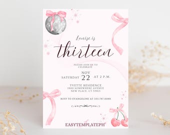 Invitación de cumpleaños de coqueta, invitación de cumpleaños número 13 de coqueta, invitaciones con lazo, fiesta de cumpleaños de niñas rosa, invitación a la cena del cumpleaños número 13