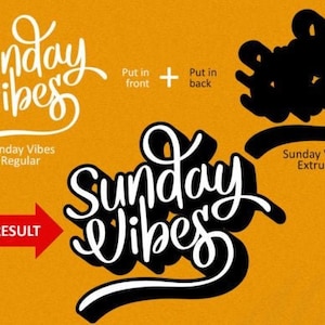 May include: A black and white illustration of the text "Sunday Vibes" with a 3D effect. The text is in a cursive font and has a shadow behind it.