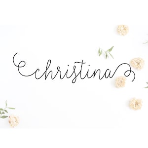 May include: A minimalist design featuring the name "Christina" in elegant black cursive script. The name is centered on a white background, with scattered dried flowers and green sprigs adding a delicate touch.