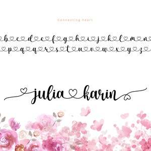 May include: A font alphabet with lowercase letters and a heart symbol connecting each letter. The words "julia" and "karin" are written in the same font with a heart symbol connecting the two names. The background is a watercolor design of pink flowers.