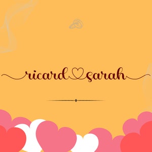 May include: A wedding invitation with the names "ricard & sarah" in cursive script, a heart symbol, and a pair of rings at the top. The background is a light orange color with a border of pink and white hearts at the bottom.