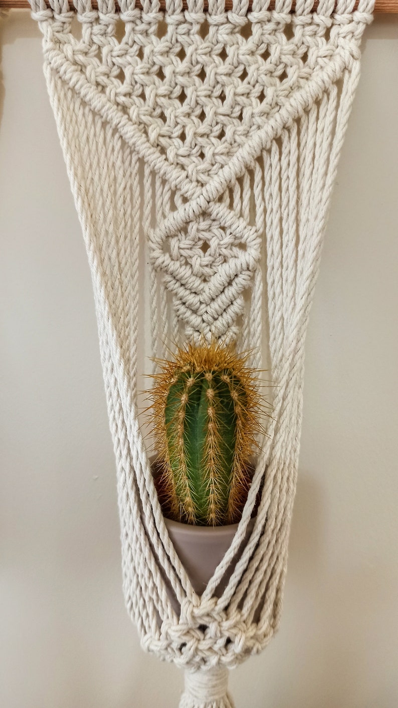 Puede incluir: Un colgador de plantas de macram&eacute; hecho a mano en algod&oacute;n blanco roto natural sostiene un cactus verde con espinas doradas en una maceta gris. El macram&eacute; presenta intrincados patrones de nudos y un dise&ntilde;o decorativo.