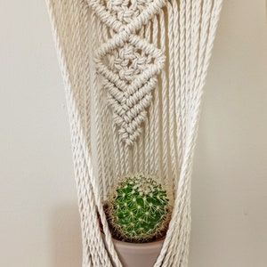 Puede incluir: Colgador de plantas de macram&eacute; color crema con dise&ntilde;o geom&eacute;trico, sosteniendo un peque&ntilde;o cactus verde en una maceta gris. El macram&eacute; est&aacute; suspendido de una varilla de madera, creando una est&eacute;tica decorativa y natural. El cactus mide unos 10 cm de di&aacute;metro.