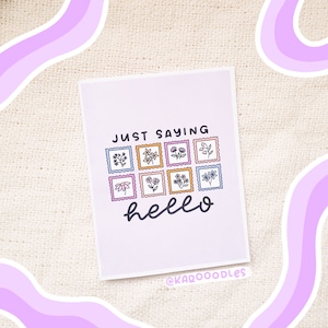 Carte de vœux: Timbres floraux juste dire bonjour | carte florale, timbres, carte d’encouragement, carte de vœux, carte violette, fleurs, papeterie