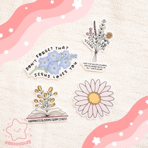 Die Cut Sticker Pack (Clair): Grandir dans la foi | fleurs, autocollants chrétiens, marguerite, fleurs sauvages imperméables, autocollant de livre, ne m’oubliez pas, marguerite