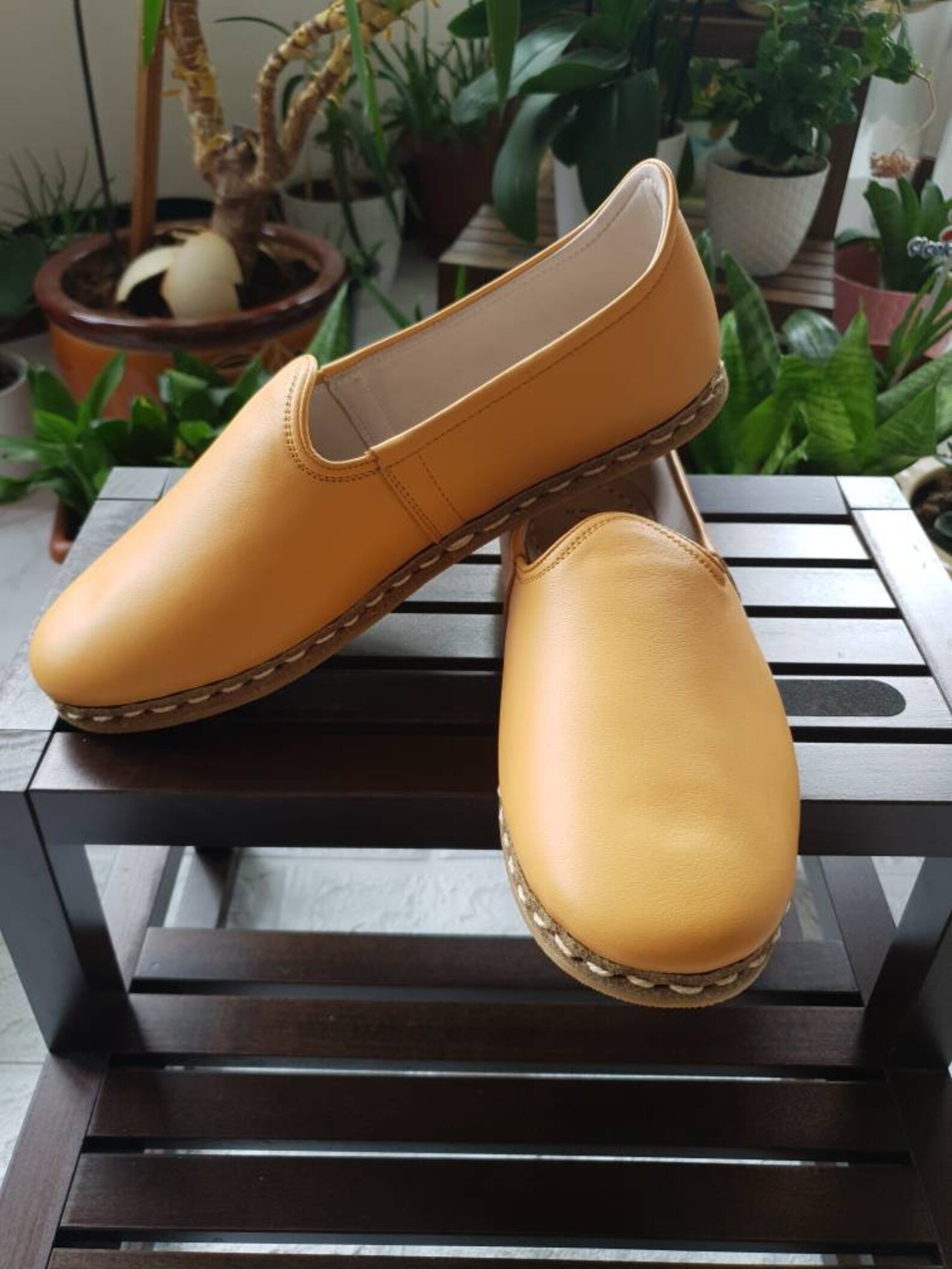 Turkish Handmade Leather Shoes Strwa Yellow Color Flat Shoes Etsy