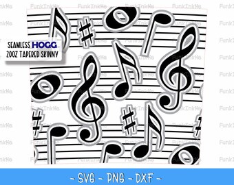 Music Note Burst Tumbler Template SVG DXF PNG,  20oz Hogg Tapered Skinny Tumbler Seamless Double-sided Tape Template, Peekaboo Burst