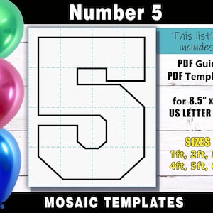 Number 5 Mosaic Balloon Frame Template - Square Letters PDF print files for US Letter Size in sizes 1ft, 2ft, 3ft, 4ft, 5ft & 6ft
