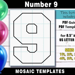 Number 9 Mosaic Balloon Frame Template - Square Letters PDF print files for US Letter Size in sizes 1ft, 2ft, 3ft, 4ft, 5ft & 6ft