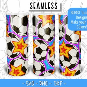 May include: A seamless pattern design featuring soccer balls and stars on a glittery background. This design is perfect for creating custom tumblers.