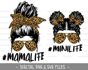 ヒョウママミニライフSVG PNG チーターママライフキッズライフメッシーバン-ママライフミニミーライフPNG、ママと私ヒョウ昇華ダウンロード