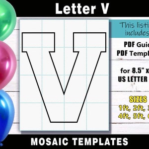 Letter V Mosaic Balloon Frame Template - Square Letters PDF print files for US Letter Size in sizes 1ft, 2ft, 3ft, 4ft, 5ft & 6ft