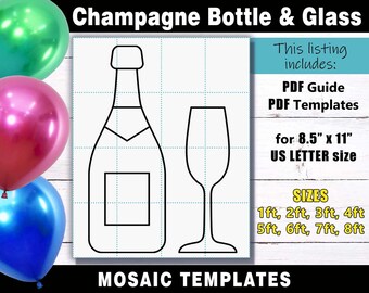 Champagne Bottle and Glass Mosaic Balloon Frame Template - PDF files for US Letter Size in sizes 1ft, 2ft, 3ft, 4ft, 5ft, 6ft, 7ft & 8ft