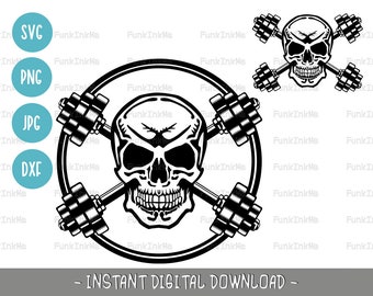 Skull fitness SVG skeleton barbell bodybuilding PNG, DXF & Jpg digital download clipart or cutting files