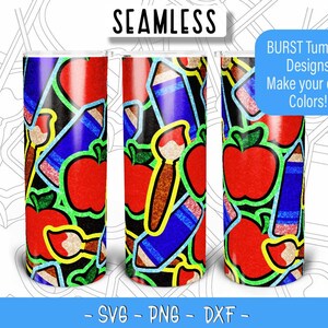 School Pencil Apple Burst Tumbler Template SVG for 20oz Skinny Straight/ 20oz HOGG/ 20oz Makerflo Tumblers - Kids Tumbler tape SVG