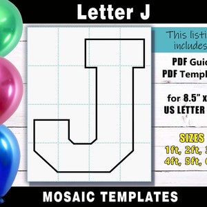 Modelo de moldura de balão em mosaico com letra J - letras quadradas Arquivos de impressão em PDF para tamanho carta dos EUA nos tamanhos 1 pé, 2 pés, 3 pés, 4 pés, 5 pés e 6 pés