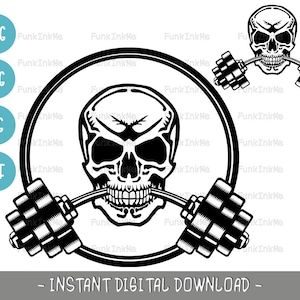 Cranio fitness SVG scheletro bilanciere palestra allenamento PNG, DXF & Jpg download digitale clipart o file di taglio