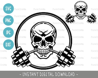 Skull fitness SVG skeleton barbell gym workout PNG, DXF & Jpg digital download clipart or cutting files