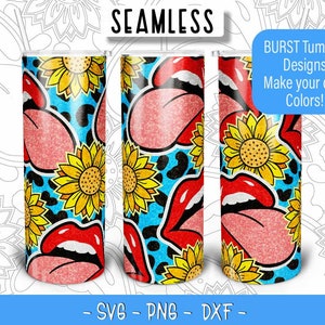 Tongue Sunflower Leopard Burst Tumbler Template SVG PNG DXF, Seamless Burst Template for 20oz Skinny Straight Tumbler
