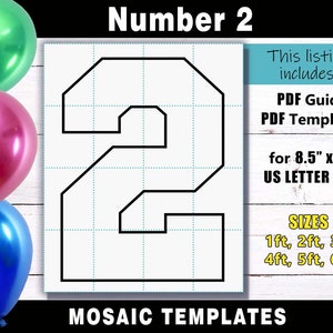 Number 2 Mosaic Balloon Frame Template - Square Letters PDF print files for US Letter Size in sizes 1ft, 2ft, 3ft, 4ft, 5ft & 6ft