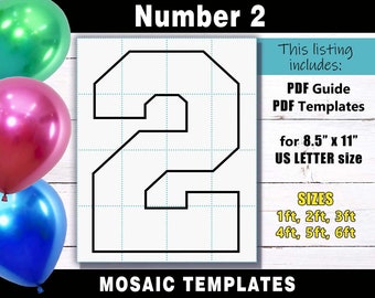Number 2 Mosaic Balloon Frame Template - Square Letters PDF print files for US Letter Size in sizes 1ft, 2ft, 3ft, 4ft, 5ft & 6ft