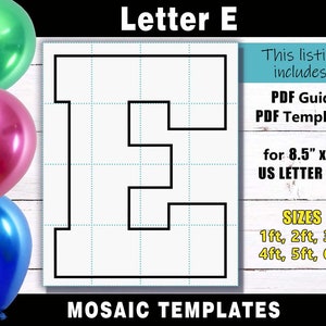 Letter E Mosaic Balloon Frame Template - Square Letters PDF print files for US Letter Size in sizes 1ft, 2ft, 3ft, 4ft, 5ft & 6ft