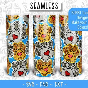Pfotenabdruck Burst Tumbler Vorlage SVG PNG DXF, Seamless Dog Burst Vorlage für 20 Unzen Skinny Straight Tumbler