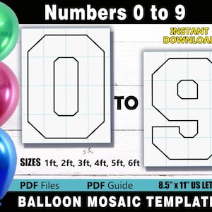 Conjunto de números de mosaico de globos: plantillas de números cuadrados del 0 al 9 para tamaños de 1 pie, 2 pies, 3 pies, 4 pies, 5 pies y 6 pies. Archivos PDF para tamaño carta de EE. UU.