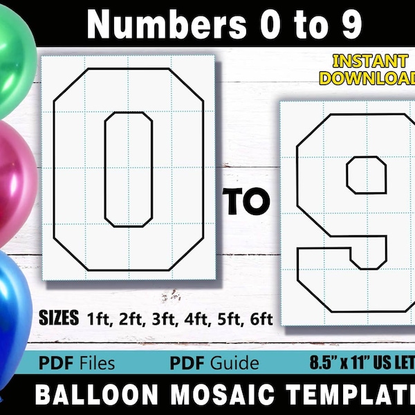 Balloon Mosaic Number Set - Square Numbers 0-9 Templates for sizes 1ft, 2ft, 3ft, 4ft, 5ft & 6ft. PDF files for US Letter Size