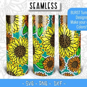 Plantilla de vaso de ráfaga de girasol SVG PNG DXF, plantilla de ráfaga sin costuras para vaso recto delgado de 20 oz