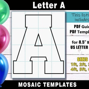 Plantilla de marco de globo de mosaico de letra A - Archivos de impresión PDF de letras cuadradas para tamaño de letra de EE. UU. en tamaños de 1 pie, 2 pies, 3 pies, 4 pies, 5 pies y 6 pies