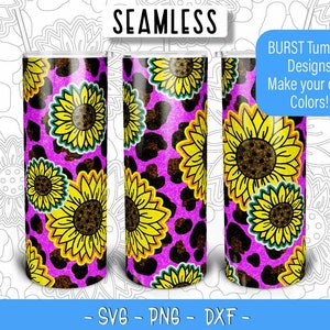 Plantilla de vaso de ráfaga de leopardo de girasol SVG PNG DXF, plantilla de ráfaga sin costuras para vaso recto delgado de 20 oz