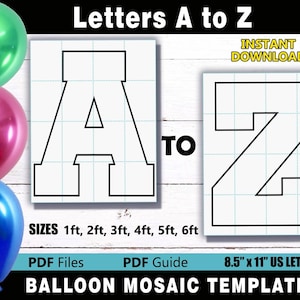 Conjunto de alfabeto de mosaico de globos: plantillas de letras cuadradas de la A a la Z para tamaños de 1 pie, 2 pies, 3 pies, 4 pies, 5 pies y 6 pies. Archivos PDF para tamaño carta de EE. UU.
