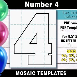 Number 4 Mosaic Balloon Frame Template - Square Letters PDF print files for US Letter Size in sizes 1ft, 2ft, 3ft, 4ft, 5ft & 6ft