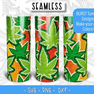 May include: A seamless pattern of green marijuana leaves on an orange and yellow background. This design is perfect for creating custom tumblers.