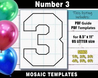 Number 3 Mosaic Balloon Frame Template - Square Letters PDF print files for US Letter Size in sizes 1ft, 2ft, 3ft, 4ft, 5ft & 6ft