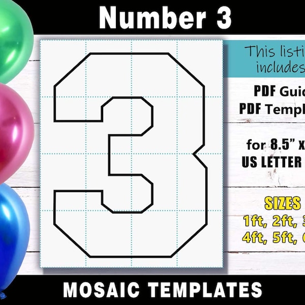 Number 3 Mosaic Balloon Frame Template - Square Letters PDF print files for US Letter Size in sizes 1ft, 2ft, 3ft, 4ft, 5ft & 6ft