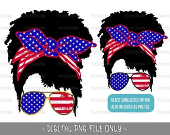 African American mom PNG- Afro America sublimation design, 4th of July messy bun mom life skull- USA Messy bun African American Black woman