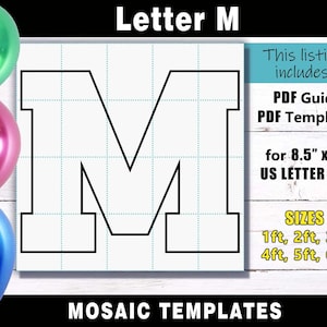 Plantilla de marco de globo de mosaico de letra M - Archivos de impresión PDF de letras cuadradas para tamaño de letra de EE. UU. en tamaños de 1 pie, 2 pies, 3 pies, 4 pies, 5 pies y 6 pies