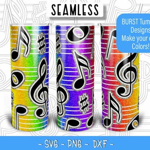 Plantilla de vaso de ráfaga de notas musicales SVG PNG DXF, plantilla de ráfaga sin costuras para vaso recto delgado de 20 oz