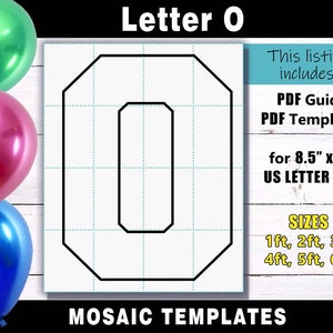 Plantilla de marco de globo de mosaico de letra O - Archivos de impresión PDF de letras cuadradas para tamaño de letra de EE. UU. en tamaños de 1 pie, 2 pies, 3 pies, 4 pies, 5 pies y 6 pies