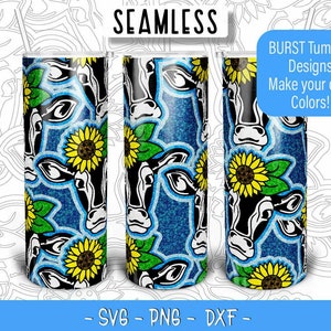 Cow Sunflower Burst Tumbler Template SVG PNG DXF, Seamless Burst Template for 20oz Skinny Straight Tumbler
