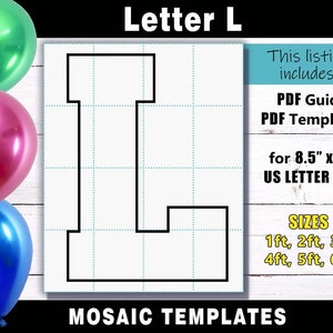 Modelo de moldura de balão em mosaico com letra L - letras quadradas Arquivos de impressão em PDF para tamanho carta dos EUA nos tamanhos 1 pé, 2 pés, 3 pés, 4 pés, 5 pés e 6 pés