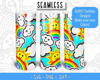 Rainbow Cloud Burst Tumbler Template SVG PNG DXF, Seamless Kids Burst Template for 20oz Skinny Straight Tumbler